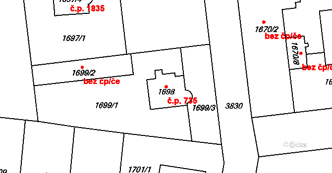 Horní Počernice 735, Praha na parcele st. 1698 v KÚ Horní Počernice, Katastrální mapa