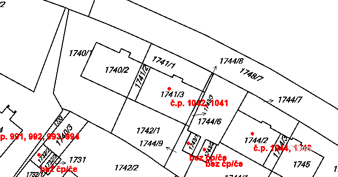 Košíře 1041,1042, Praha na parcele st. 1741/3 v KÚ Košíře, Katastrální mapa