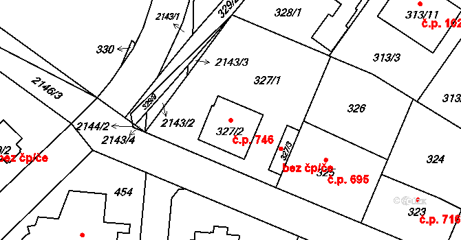 Ruzyně 746, Praha na parcele st. 327/2 v KÚ Ruzyně, Katastrální mapa