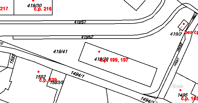 Rumburk 1 197,199, Rumburk na parcele st. 419/28 v KÚ Rumburk, Katastrální mapa