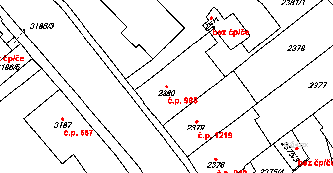 Chomutov 988 na parcele st. 2380 v KÚ Chomutov I, Katastrální mapa