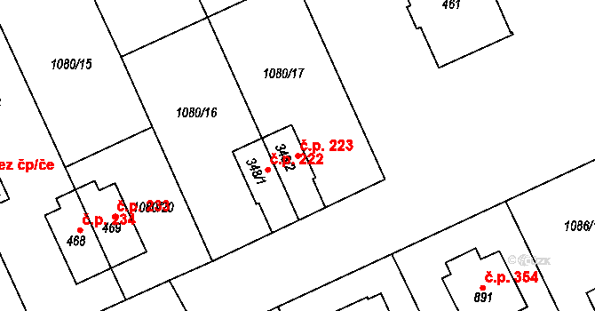 Věkoše 223, Hradec Králové na parcele st. 348/2 v KÚ Věkoše, Katastrální mapa