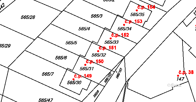 Kanice 151 na parcele st. 565/32 v KÚ Kanice, Katastrální mapa