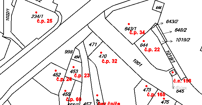 Řícmanice 32 na parcele st. 470 v KÚ Řícmanice, Katastrální mapa