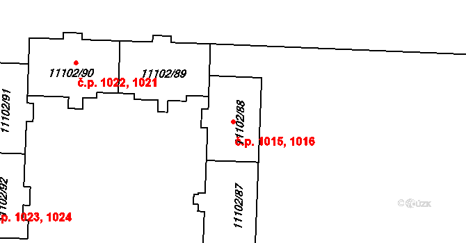 Severní Předměstí 1015,1016, Plzeň na parcele st. 11102/88 v KÚ Plzeň, Katastrální mapa