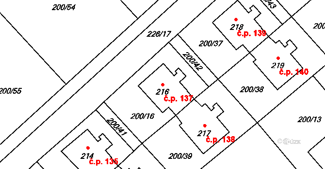 Katusice 137 na parcele st. 216 v KÚ Katusice, Katastrální mapa