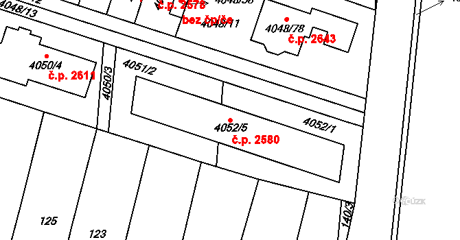 Horní Počernice 2580, Praha na parcele st. 4052/5 v KÚ Horní Počernice, Katastrální mapa