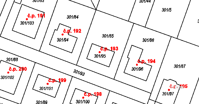 Hlušovice 193 na parcele st. 301/95 v KÚ Hlušovice, Katastrální mapa