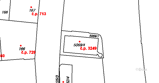 Smíchov 3249, Praha na parcele st. 5069/4 v KÚ Smíchov, Katastrální mapa