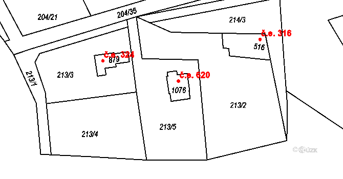 Pyšely 620 na parcele st. 1076 v KÚ Pyšely, Katastrální mapa