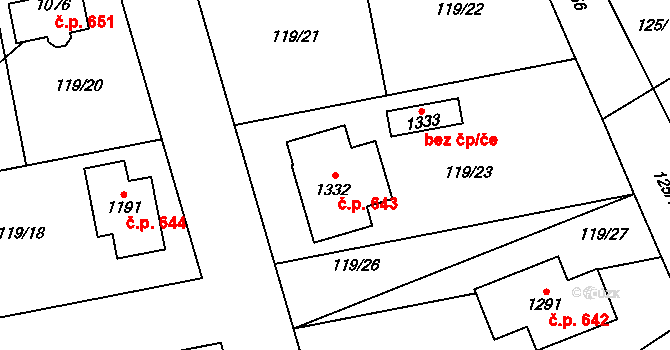 Veltrusy 643 na parcele st. 1332 v KÚ Veltrusy, Katastrální mapa