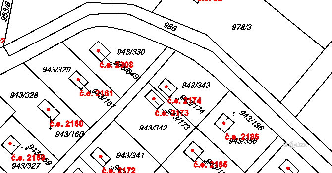 Velká Chuchle 2174, Praha na parcele st. 943/174 v KÚ Velká Chuchle, Katastrální mapa