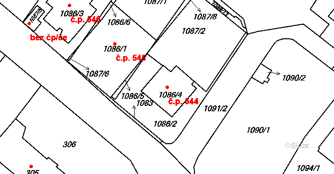 Bystřice nad Pernštejnem 544 na parcele st. 1086/4 v KÚ Bystřice nad Pernštejnem, Katastrální mapa