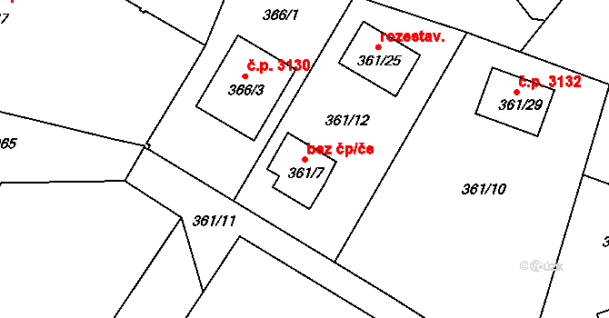Milovice 43108857 na parcele st. 361/7 v KÚ Milovice nad Labem, Katastrální mapa