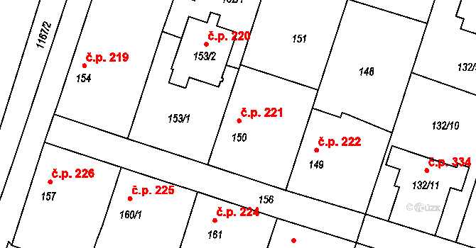 Oldřišov 221 na parcele st. 150 v KÚ Oldřišov, Katastrální mapa