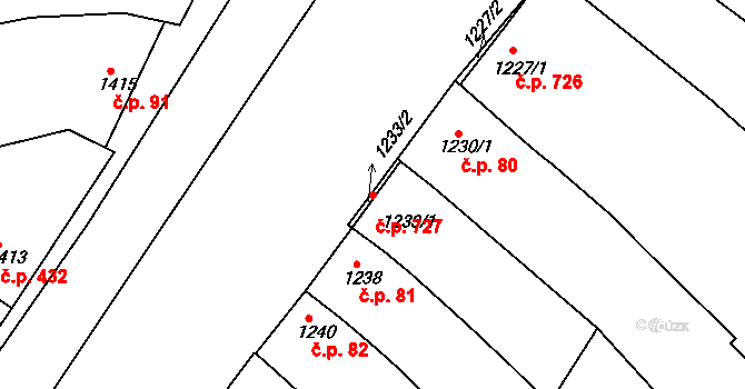 Vlčnov 727 na parcele st. 1233/1 v KÚ Vlčnov, Katastrální mapa
