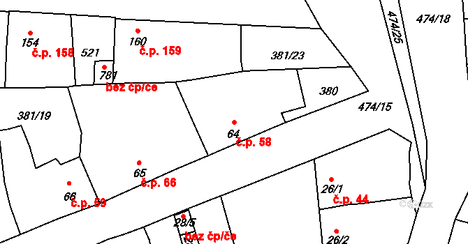 Rudná 58 na parcele st. 64 v KÚ Dušníky u Rudné, Katastrální mapa