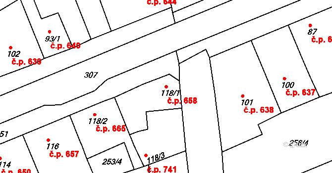 Rudná 658 na parcele st. 118/1 v KÚ Hořelice, Katastrální mapa