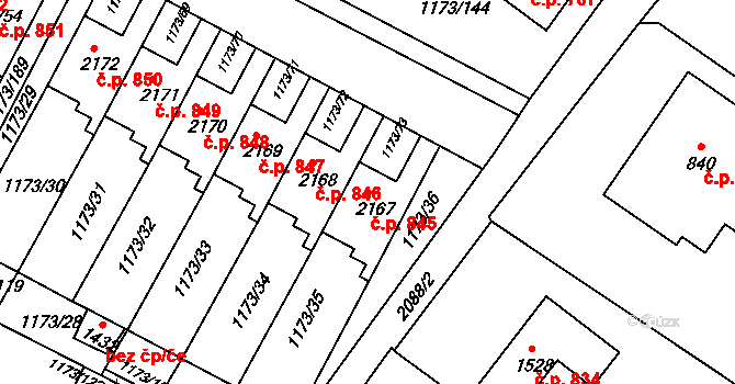 Heřmanův Městec 845 na parcele st. 2167 v KÚ Heřmanův Městec, Katastrální mapa