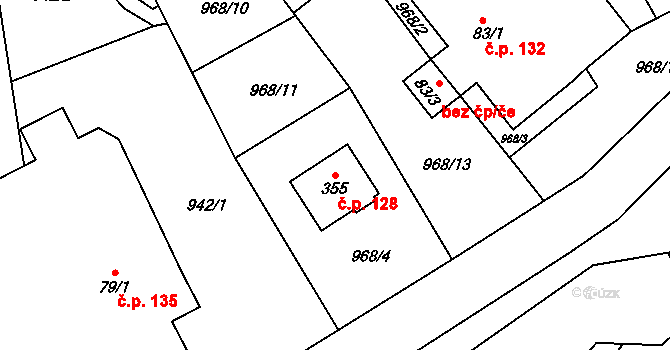 Hrabišín 128 na parcele st. 355 v KÚ Hrabišín, Katastrální mapa