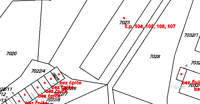 Jiřetín pod Bukovou 104,105,106,107 na parcele st. 7023 v KÚ Jiřetín pod Bukovou, Katastrální mapa