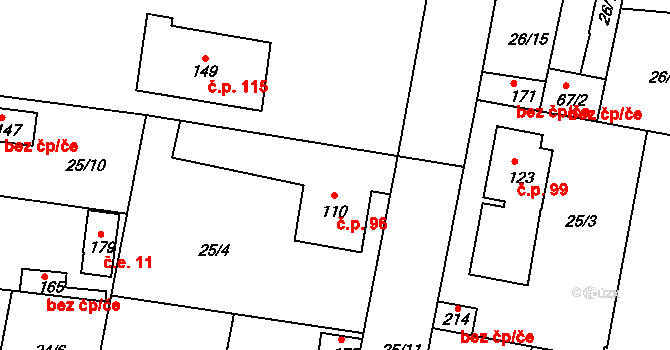 Záluží 96, Čelákovice na parcele st. 110 v KÚ Záluží u Čelákovic, Katastrální mapa