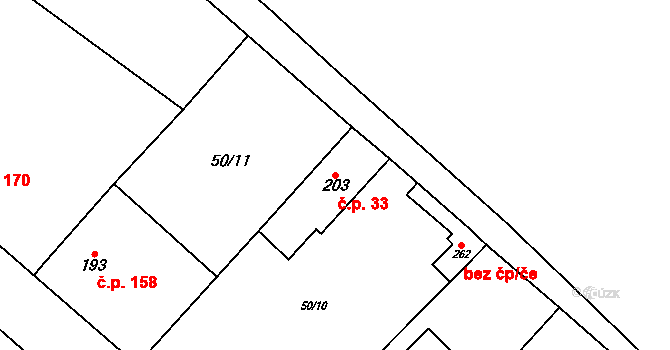 Hospozín 33 na parcele st. 203 v KÚ Hospozín, Katastrální mapa