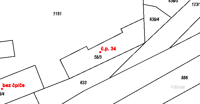 Hořešovice 34 na parcele st. 58/3 v KÚ Hořešovice, Katastrální mapa