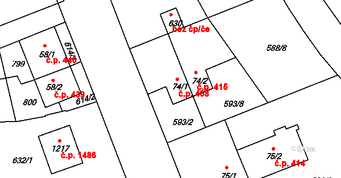 Olešovice 408, Kamenice na parcele st. 74/1 v KÚ Ládví, Katastrální mapa