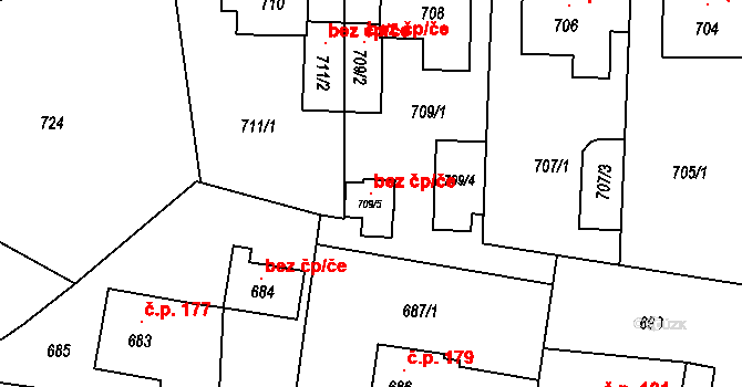 Zaječov 147550858 na parcele st. 709/5 v KÚ Zaječov, Katastrální mapa