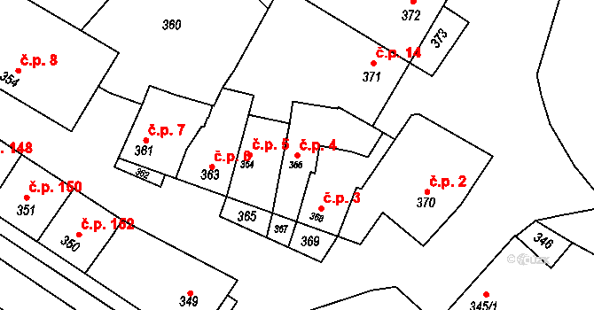 Křelov 4, Křelov-Břuchotín na parcele st. 366 v KÚ Křelov, Katastrální mapa
