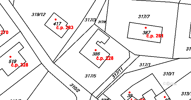 Bystřička 228 na parcele st. 386 v KÚ Bystřička II, Katastrální mapa