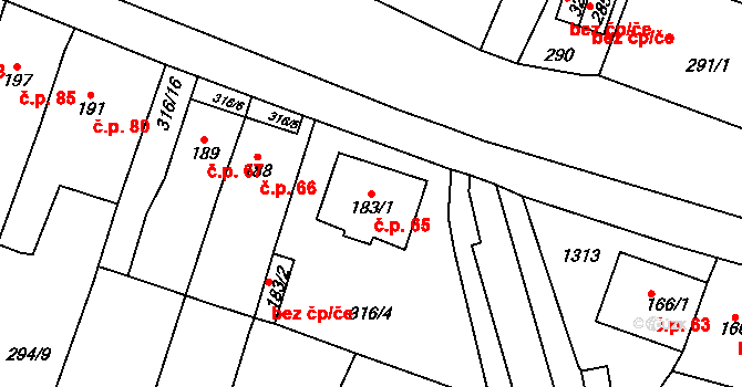 Děčín XXVII-Březiny 65, Děčín na parcele st. 183/1 v KÚ Březiny u Děčína, Katastrální mapa