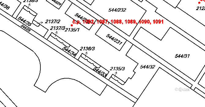 Uherské Hradiště 1087,1088,1089,1090, na parcele st. 2135/1 v KÚ Uherské Hradiště, Katastrální mapa