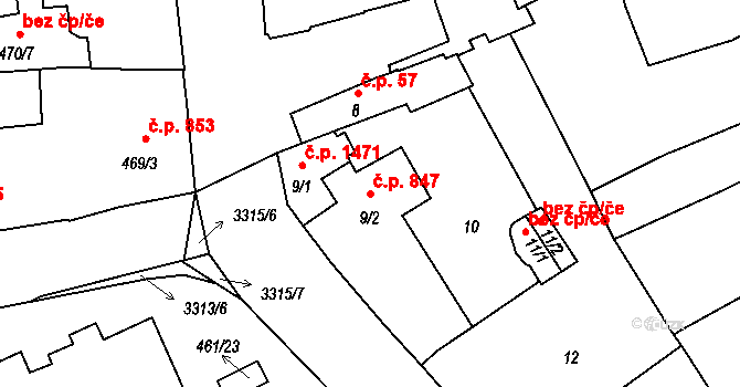 Pelhřimov 847 na parcele st. 9/2 v KÚ Pelhřimov, Katastrální mapa
