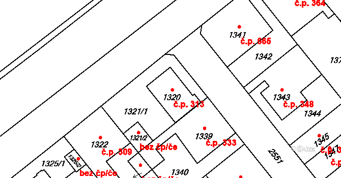 Radotín 313, Praha na parcele st. 1320 v KÚ Radotín, Katastrální mapa