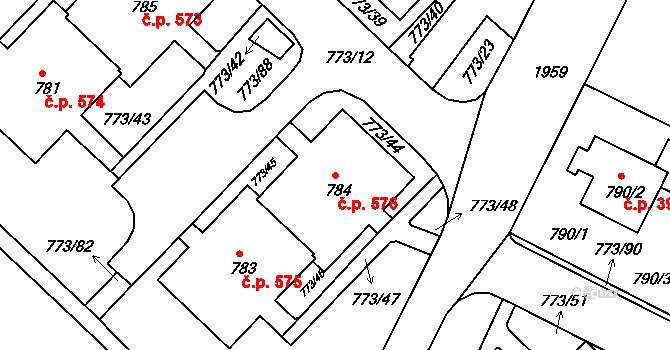 Lhotka 576, Praha 10 na parcele st. 784 v KÚ Lhotka, Katastrální mapa