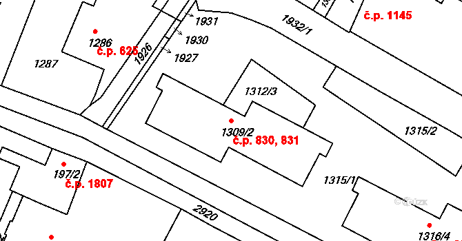 Podolí 830,831, Praha na parcele st. 1309/2 v KÚ Podolí, Katastrální mapa