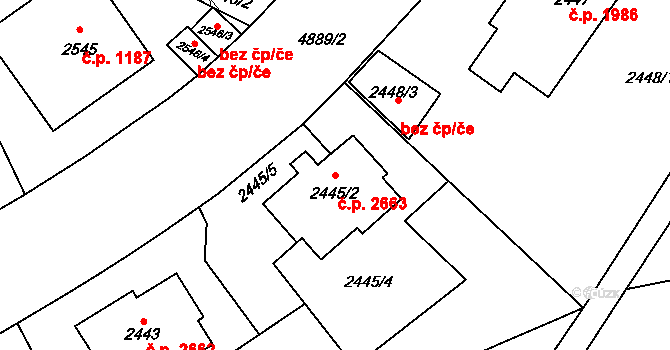 Smíchov 2663, Praha na parcele st. 2445/2 v KÚ Smíchov, Katastrální mapa