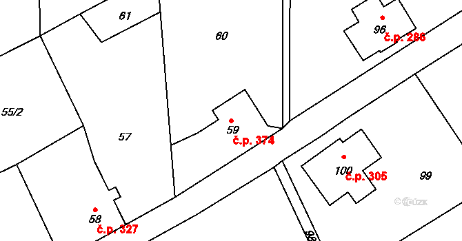 Rumburk 2-Horní Jindřichov 374, Rumburk na parcele st. 59 v KÚ Horní Jindřichov, Katastrální mapa