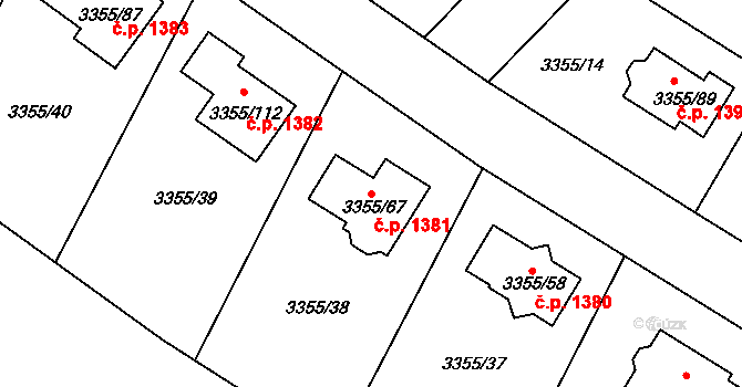 Kopřivnice 1381 na parcele st. 3355/67 v KÚ Kopřivnice, Katastrální mapa