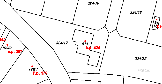 Plaňany 424 na parcele st. 614 v KÚ Plaňany, Katastrální mapa