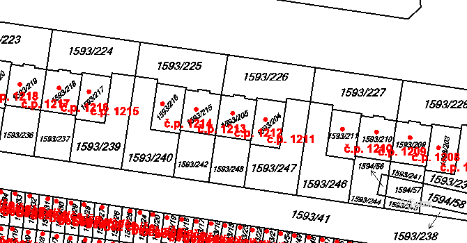 Kosmonosy 1212 na parcele st. 1593/205 v KÚ Kosmonosy, Katastrální mapa
