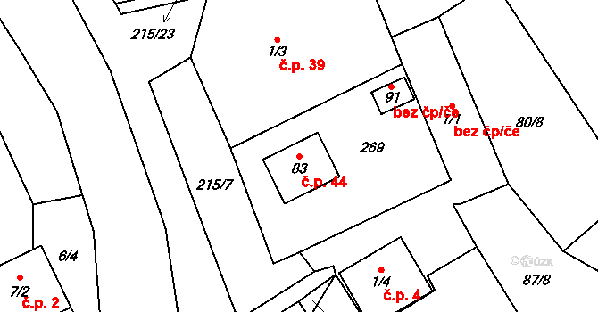 Střížov 44, Cheb na parcele st. 83 v KÚ Střížov u Chebu, Katastrální mapa