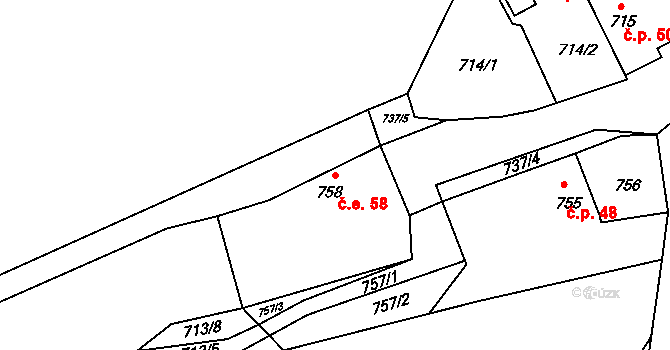 Chvalešovice 58, Dříteň na parcele st. 758 v KÚ Chvalešovice, Katastrální mapa