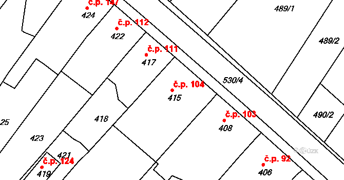 Lužkovice 104, Zlín na parcele st. 415 v KÚ Lužkovice, Katastrální mapa