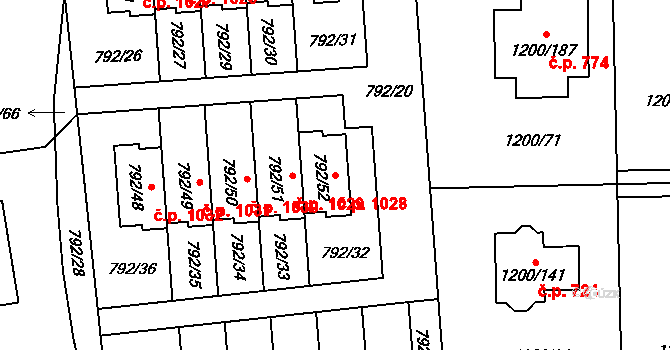 Vejprnice 1028 na parcele st. 792/52 v KÚ Vejprnice, Katastrální mapa