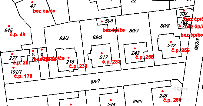 Běloves 233, Náchod na parcele st. 217 v KÚ Běloves, Katastrální mapa