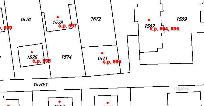 Bludov 696 na parcele st. 1571 v KÚ Bludov, Katastrální mapa