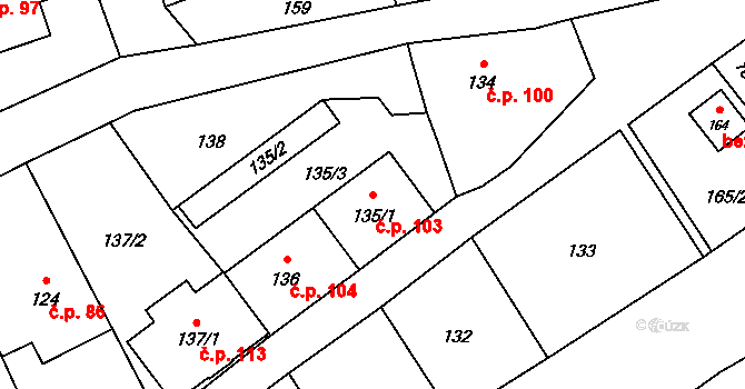 Jerlochovice 103, Fulnek na parcele st. 135/1 v KÚ Jerlochovice, Katastrální mapa